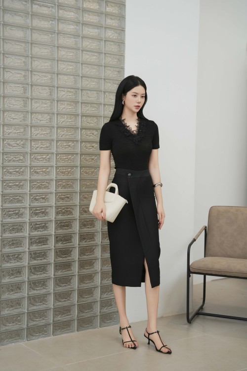 Sixdo Black Woven Pencil Skirt